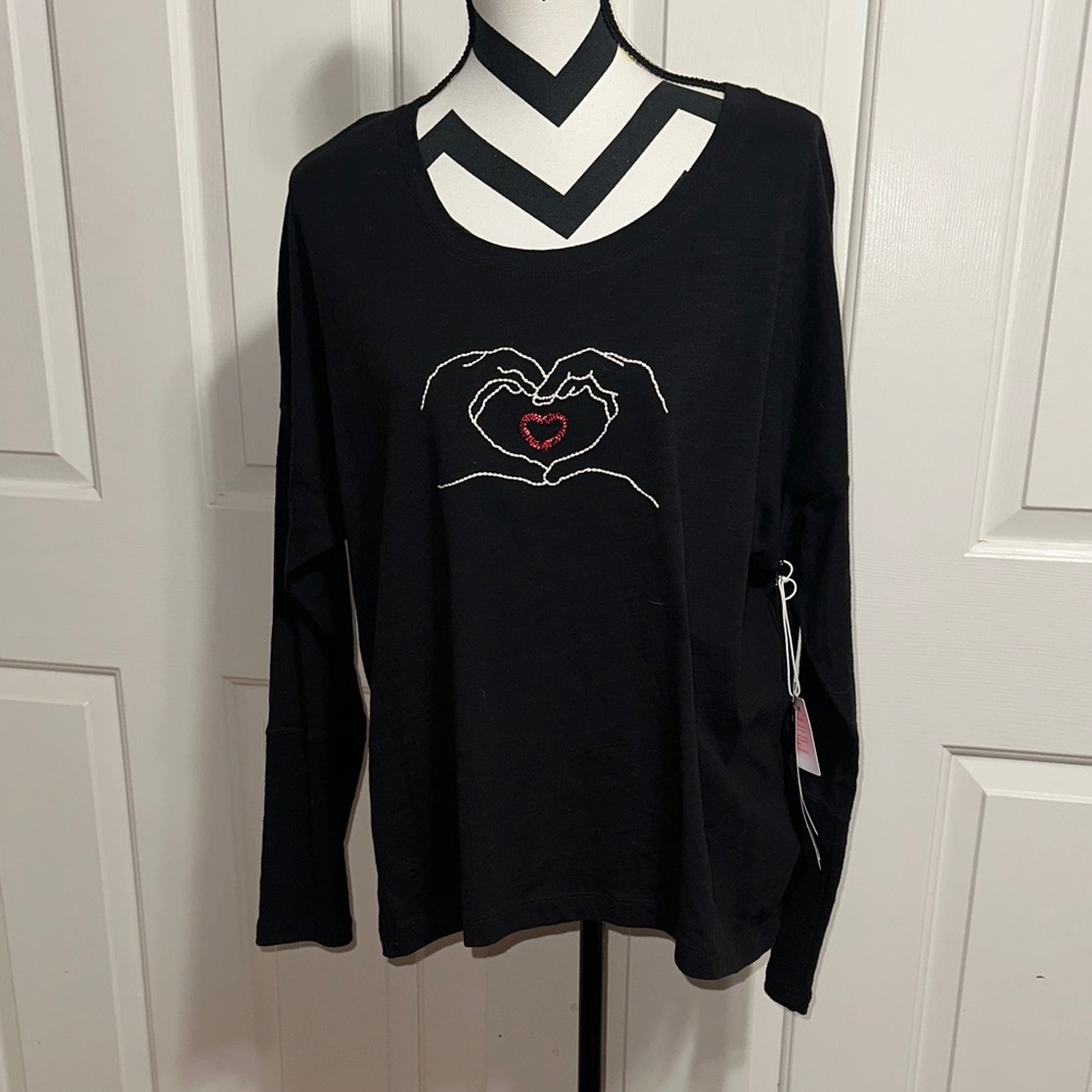 CAbi Heart of CABI Black Long Sleeve Top with Heart Hand Embroidery